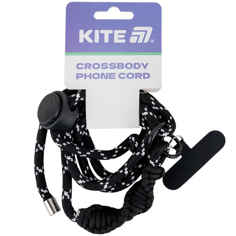 Czarny pasek na szyję do telefonu Kite w opakowaniu z kartonowym nagłówkiem