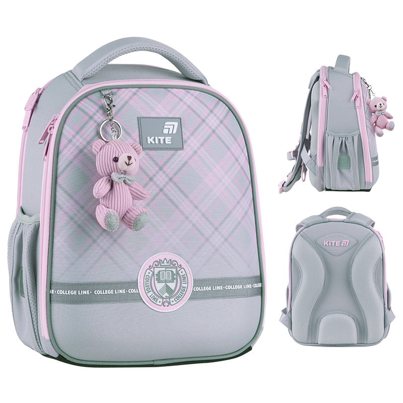 Zestawienie ujęć sztywnego tornistra Kite dla dziewczynki w kratkę szachownicę.