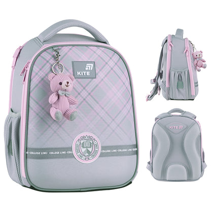 Zestawienie ujęć sztywnego tornistra Kite dla dziewczynki w kratkę szachownicę.