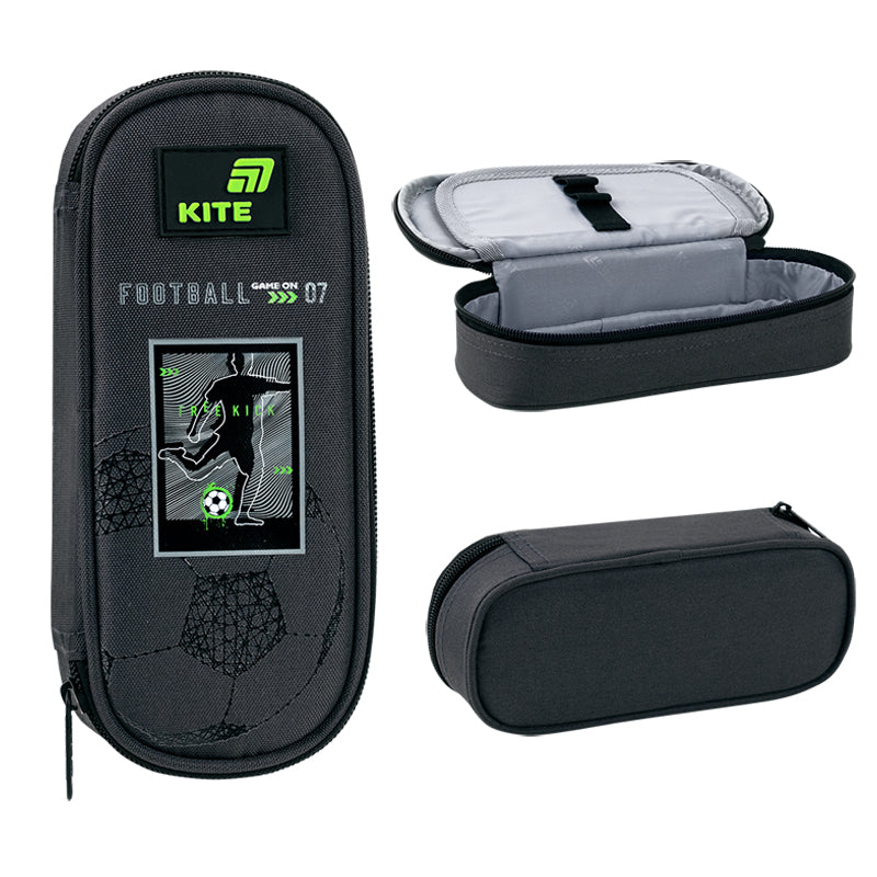 Szara saszetka szkolna Kite Football prezentowana z każdej strony.