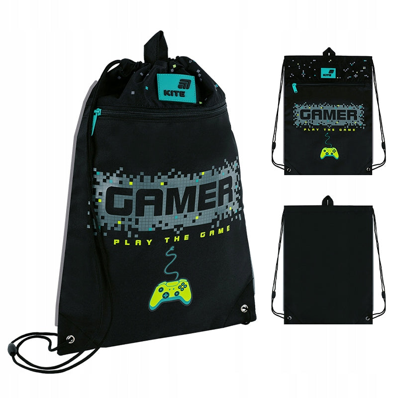 Czarny worek gimnastyczny Kite z motywem Game dla chłopca.