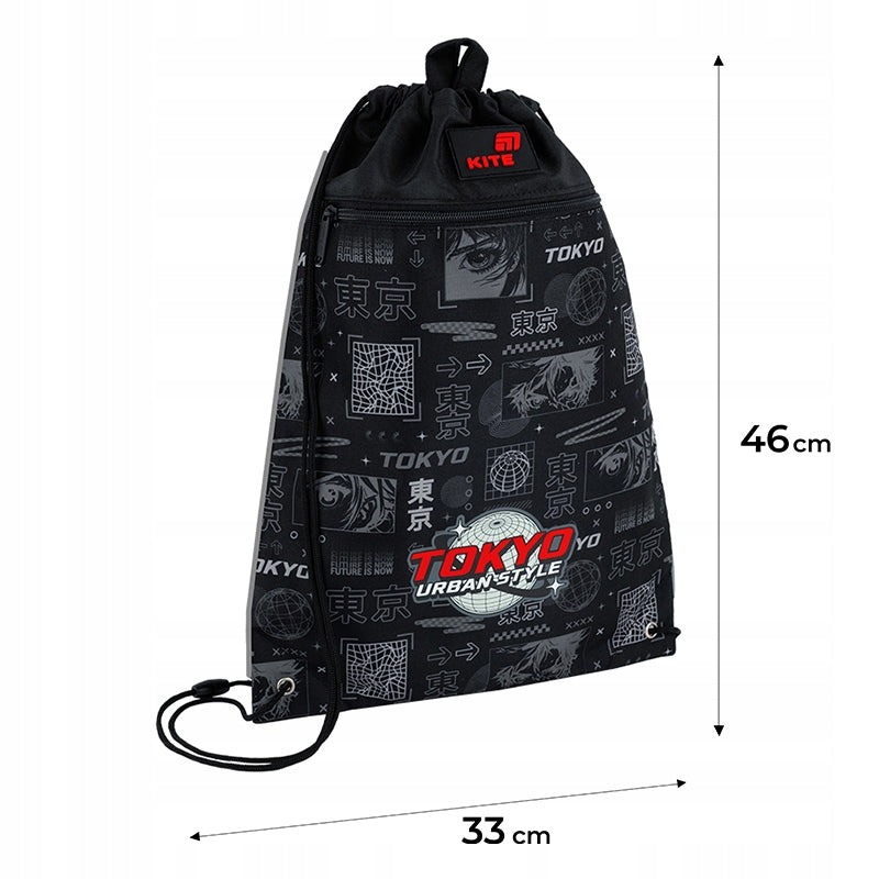 Wymiary czarnego worka na buty Kite przedstawione na zdjęciu z infografiką.