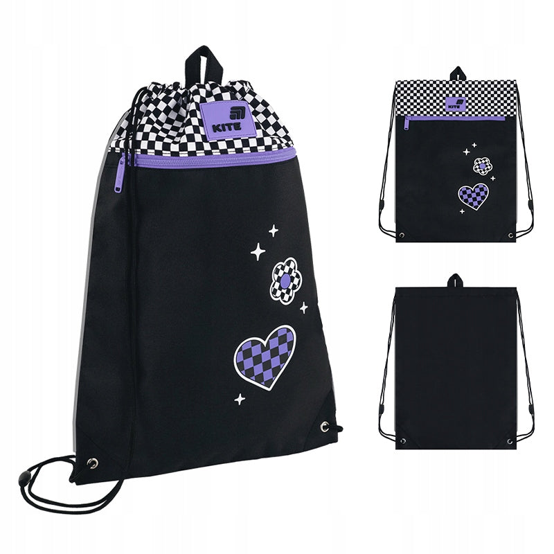 Czarny worek gimnastyczny Kite z motywem kratki dla dziewczynki.