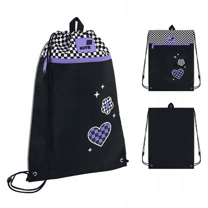 Czarny worek gimnastyczny Kite z motywem kratki dla dziewczynki.