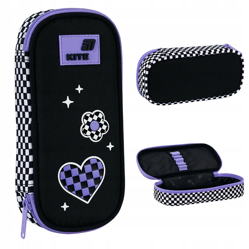 Czarny piórnik saszetka dla dziewczynki Kite z różnych stron.