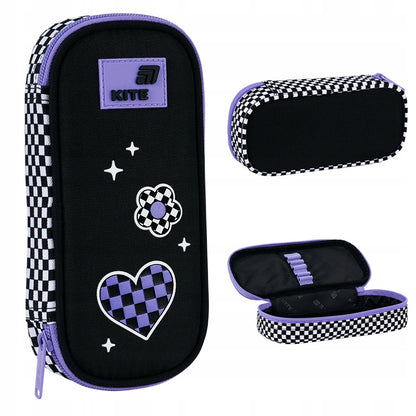 Czarny piórnik saszetka dla dziewczynki Kite z różnych stron.