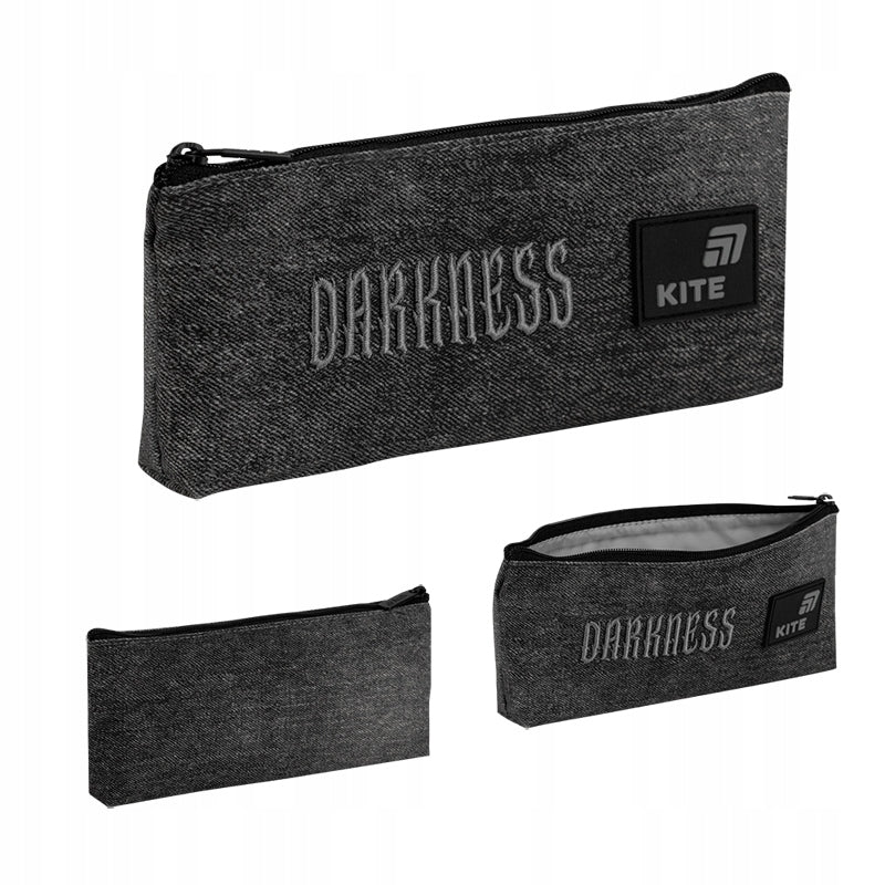 Czarny jeansowy piórnik szkolny Kite Darkness K26-680-6 – widok z każdej strony.