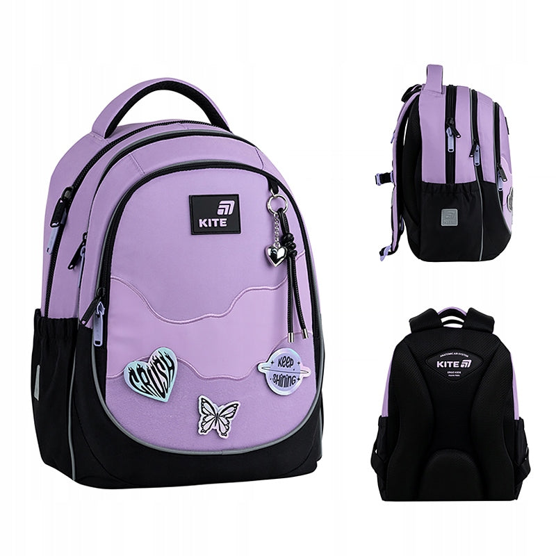 Plecak Kite w kolorze fioletowym z miękką naszywką 3D i rzepami na personalizowane przypinki.