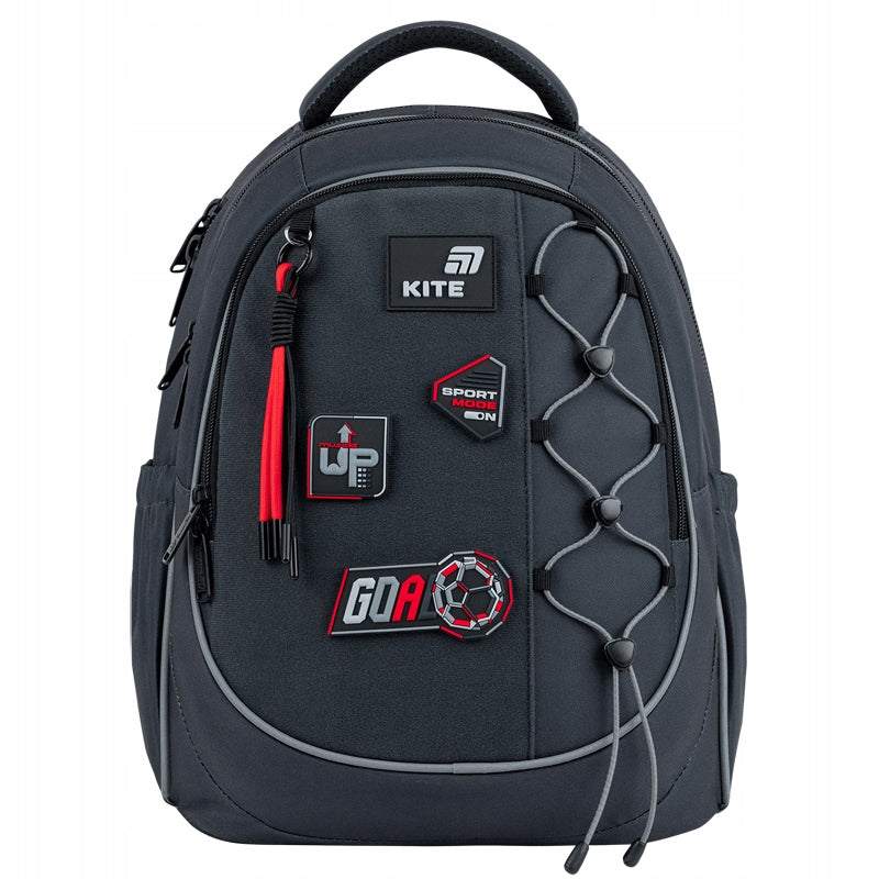 Szary plecak Kite w minimalistycznym, technicznym stylu z niebieskimi akcentami.