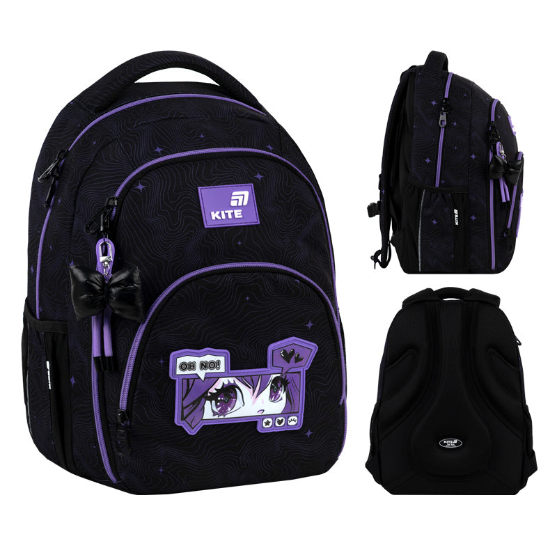 Zestawienie zdjęć klasycznego czarnego plecaka Kite, prezentujące go pod różnymi kątami.