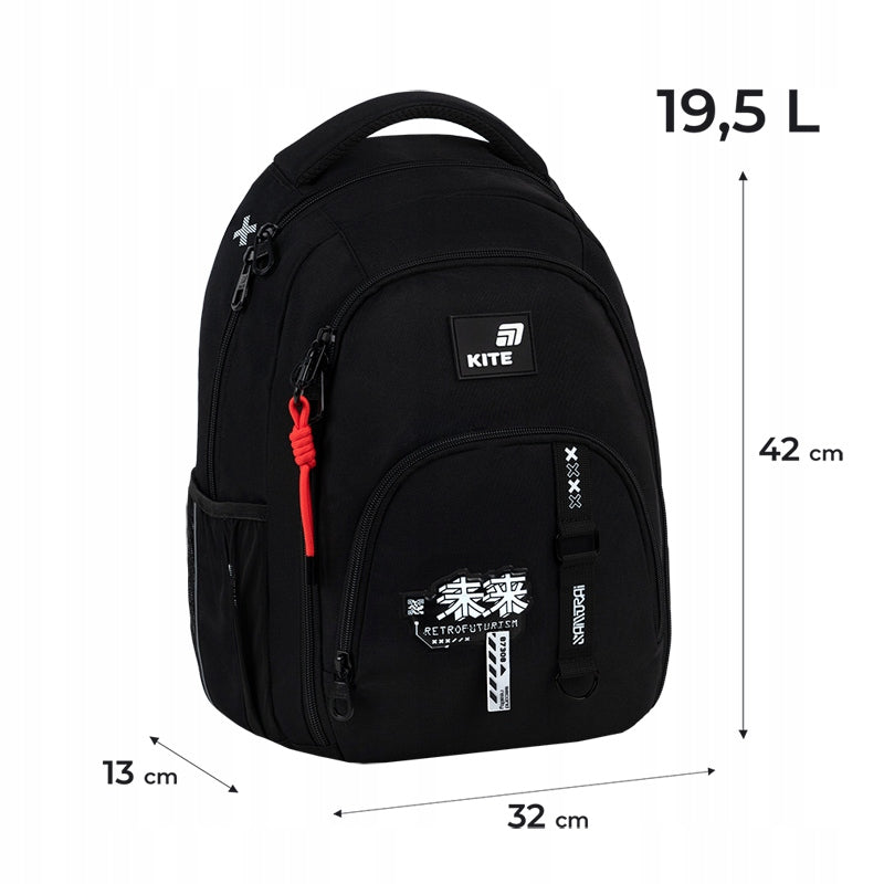 Infografika z wymiarami plecaka K26-905M-3 i opisem cech technicznych.