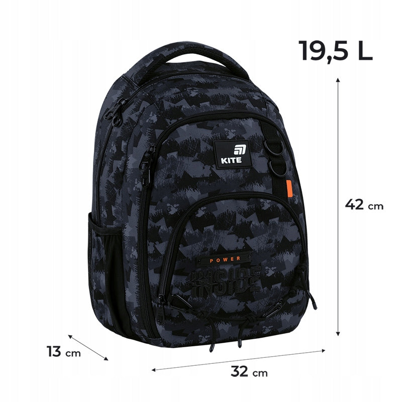 Infografika z wymiarami plecaka K26-905M-4, pojemnością oraz informacją o wieku 9-12 lat.