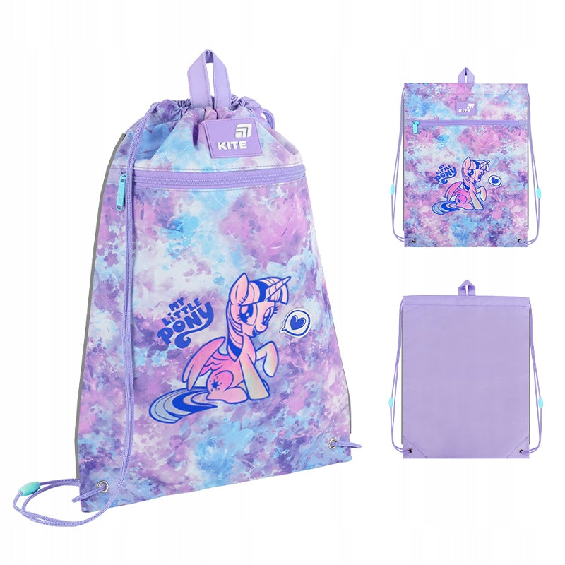 Różowo-fioletowy worek Kite z grafiką kucyka My Little Pony na jasnym tle.