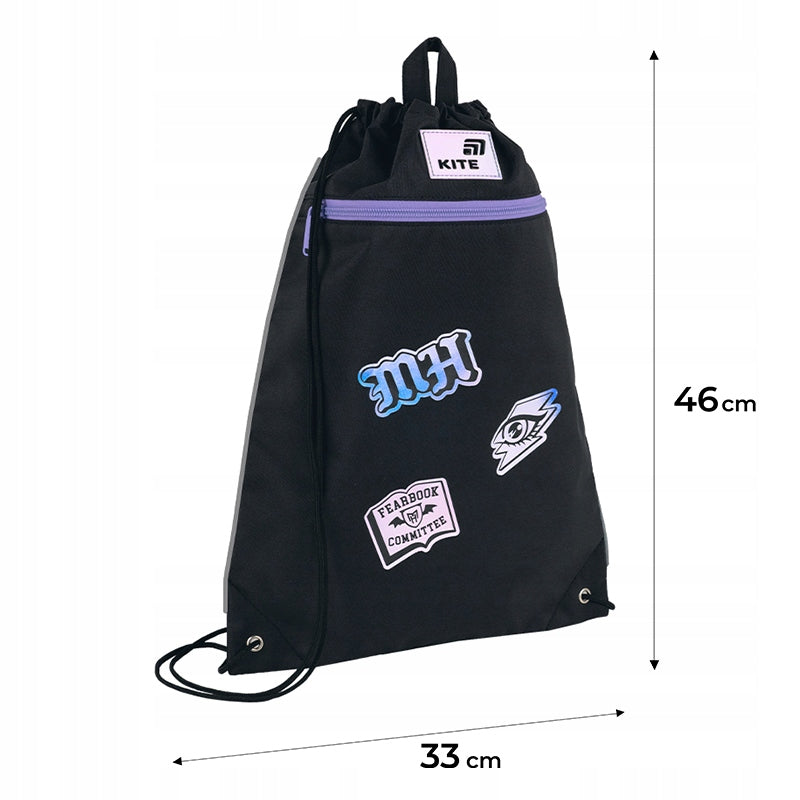 Infografika przedstawiająca wymiary 46x33 cm worka sportowego z serii Monster High.