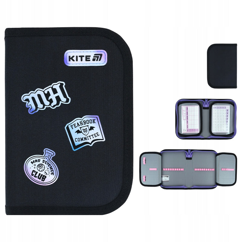 Zestawienie ujęć czarnego piórnika Kite Monster High z holograficznymi wzorami z każdej strony.