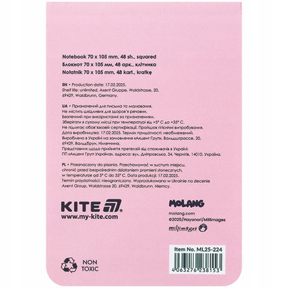 Kieszonkowy notes dziecięcy Molang różowy z miękką okładką Kite