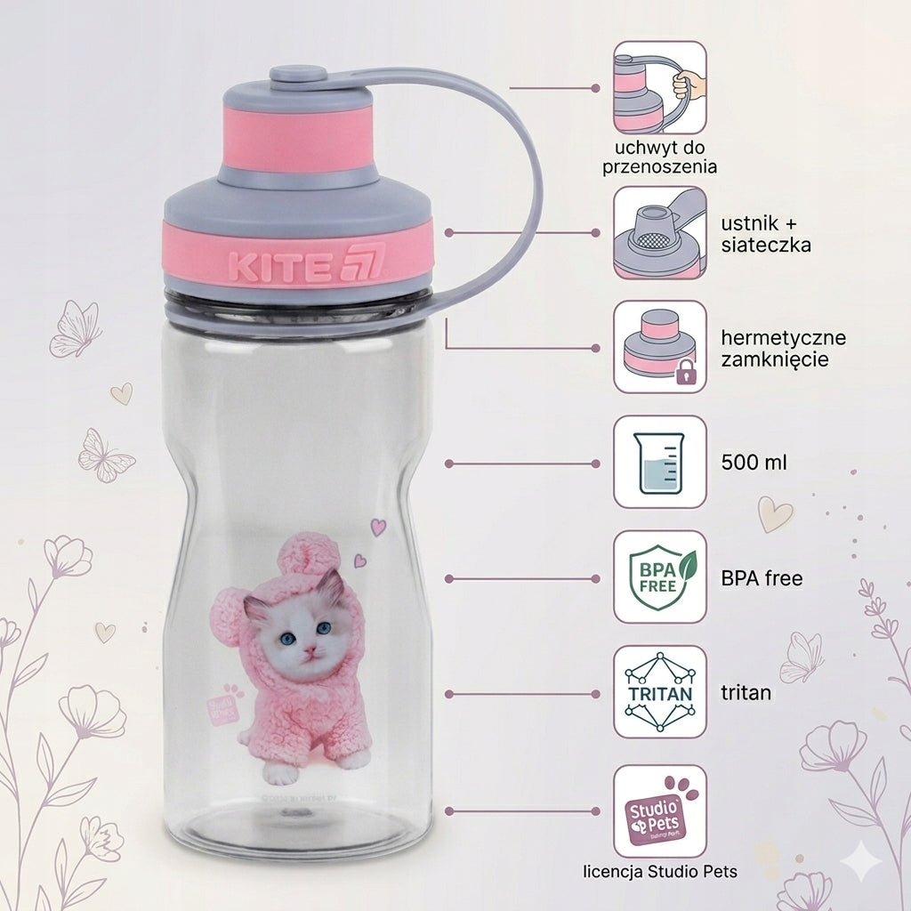 Butelka BPA Free dla dzieci Kite Studio Pets – bezpieczny i wytrzymały bidon z tritanu.