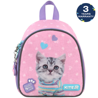 Batoh předškolní Kite Studio Pets pro dívku růžový s kočičkou a plyšovým panelem