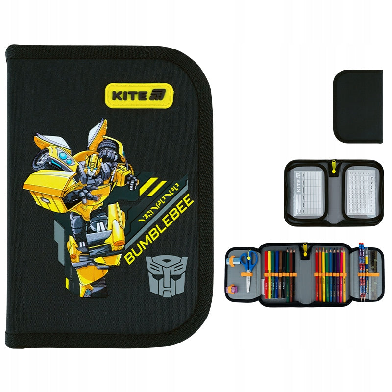 Prezentacja czarnego piórnika Kite Transformers z każdej perspektywy ukazująca detale grafiki i gumową naszywkę.