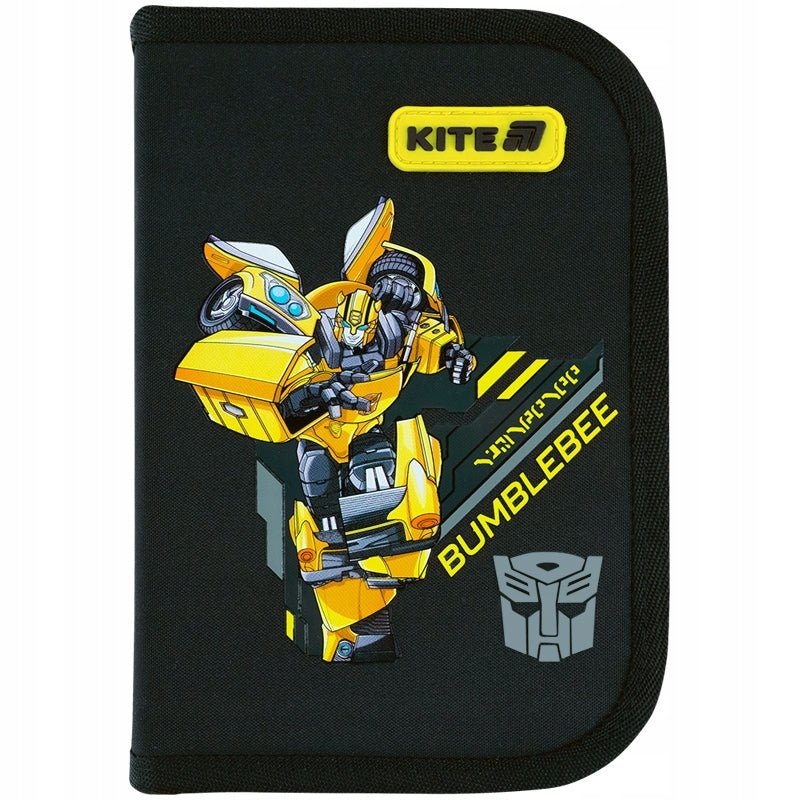 Przedni panel czarnego piórnika z efektownym nadrukiem 3D przedstawiającym motyw Transformers.