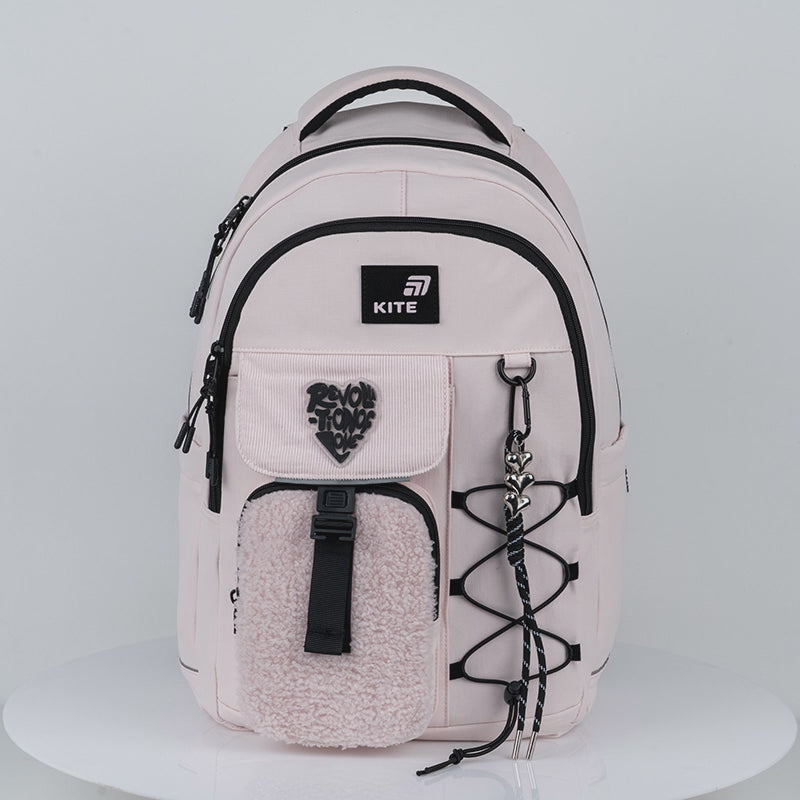 Plecak szkolny jasnoróżowy wielokomorowy Kite Tenderly z tkaniny bouclé i sztruksu