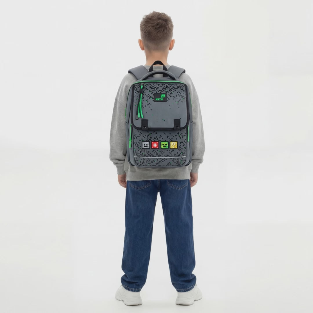 Ortopedyczny plecak szkolny na magnes dla chłopców klasa 1-6 szary Kite Pixel