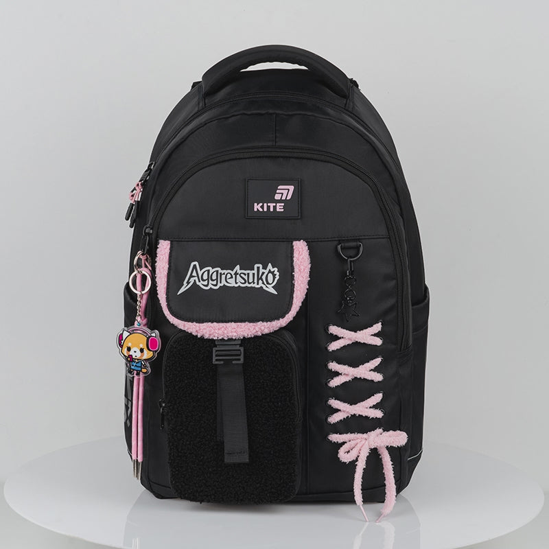Plecak szkolny czarny wielokomorowy Kite Aggretsuko z tkaniny bouclé i sznurowaniem